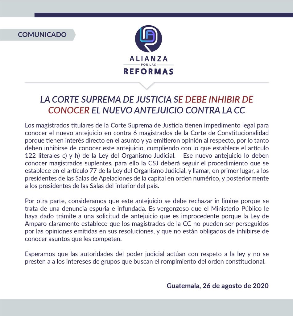 CSJ tienen impedimento legal para conocer antejuicios contra magistrados de la CC, según Alianza pro Reforma