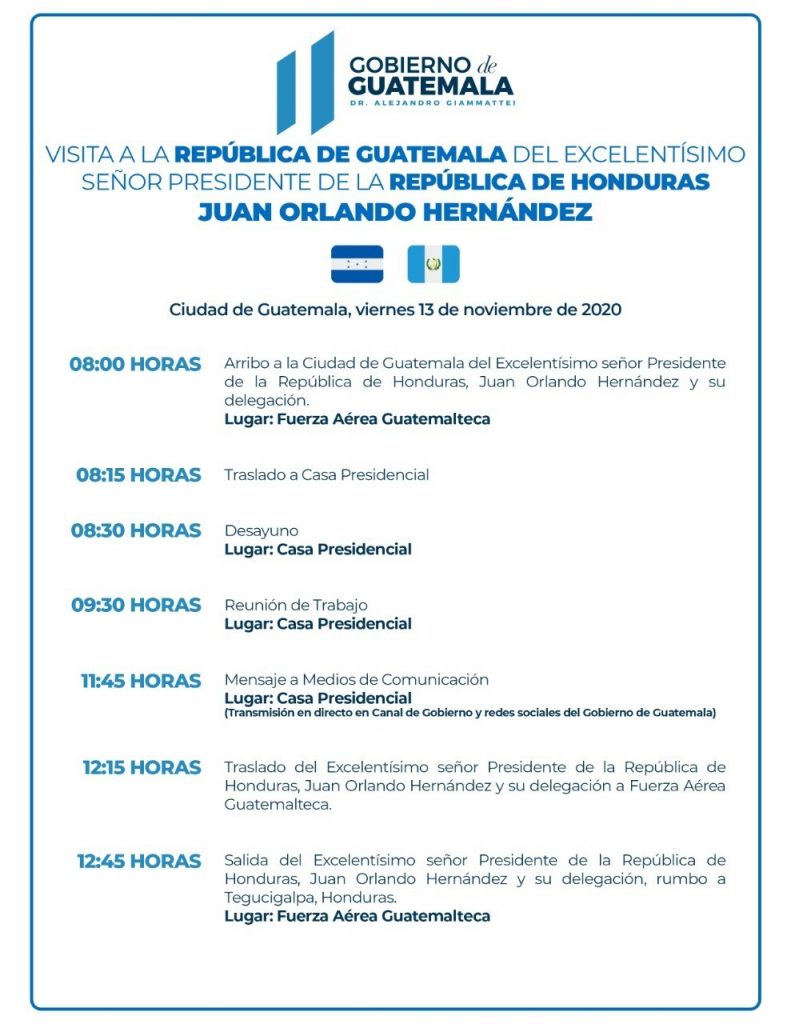 El presidente de Honduras, Juan Orlando Hernández, llegará este viernes 13 de noviembre al país para sostener una reunión con el mandatario Alejandro Giammattei.