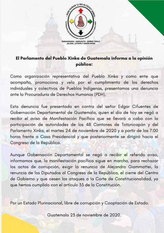 Parlamento Xinka y los 48 Cantones de Totonicapán manifestarán este martes en contra de la corrupción